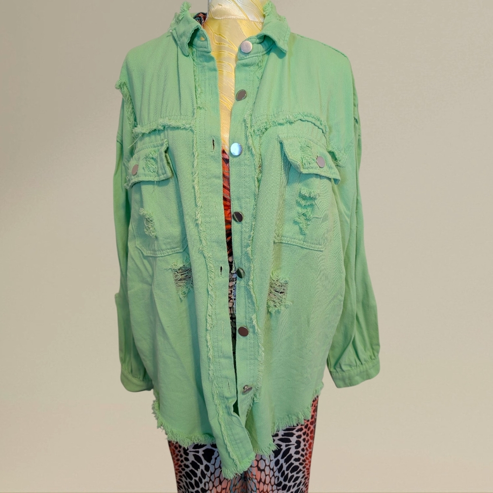 Brand New Women's Green Distressed Shacket